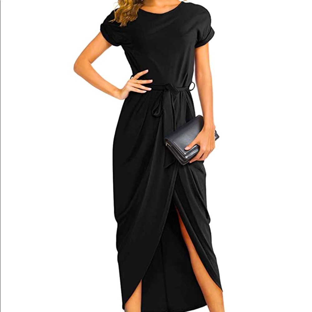 Black Short Sleeve Long Maxi Dress with Belt